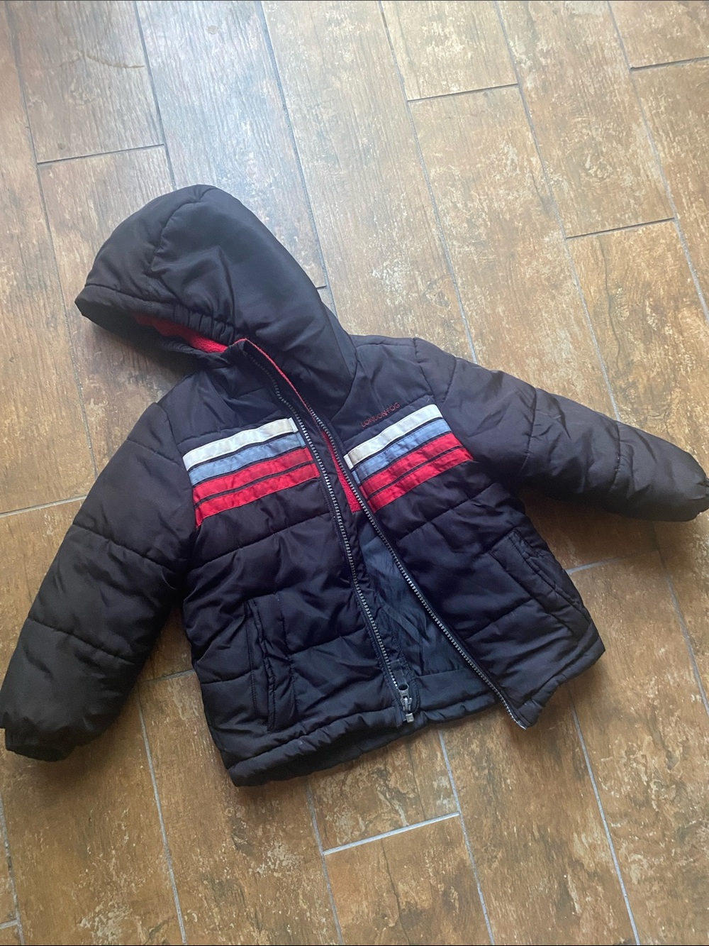 London Fog Kids Hooded Coat in Black with Red Lining. Size 4t. Great condition.